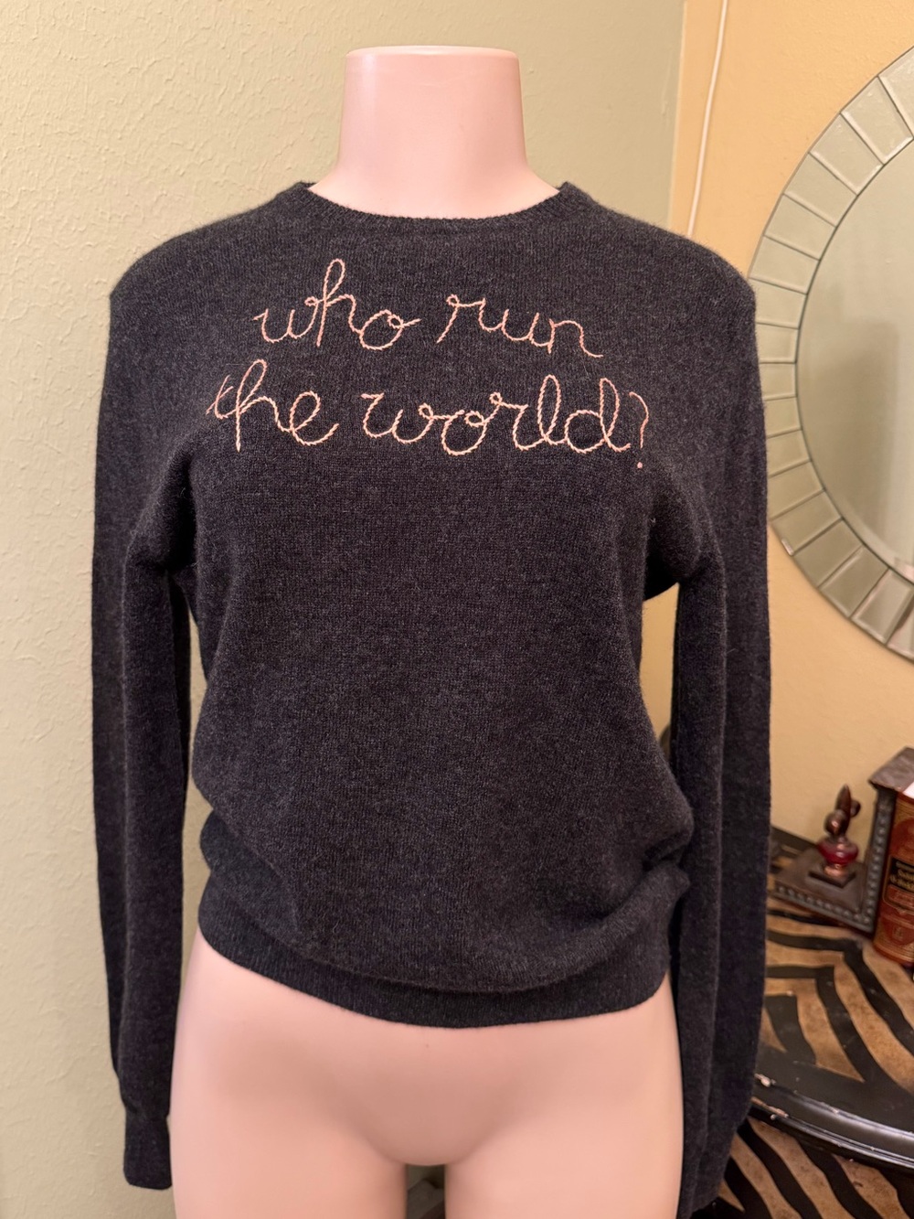 Crew Neck Charcoal Sweater with Script Embroidery